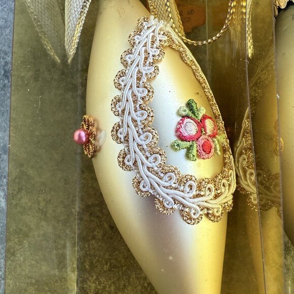 Vintage West Germany Gold Floral Glass Teardrop Christmas Ornaments 6” Set Of 2 - Picture 3 of 9